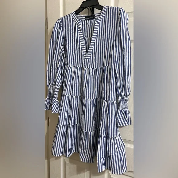 Pomander Place Blue and White Stripe Cotton Poplin Kenzo Dress Size L - Picture 2 of 6